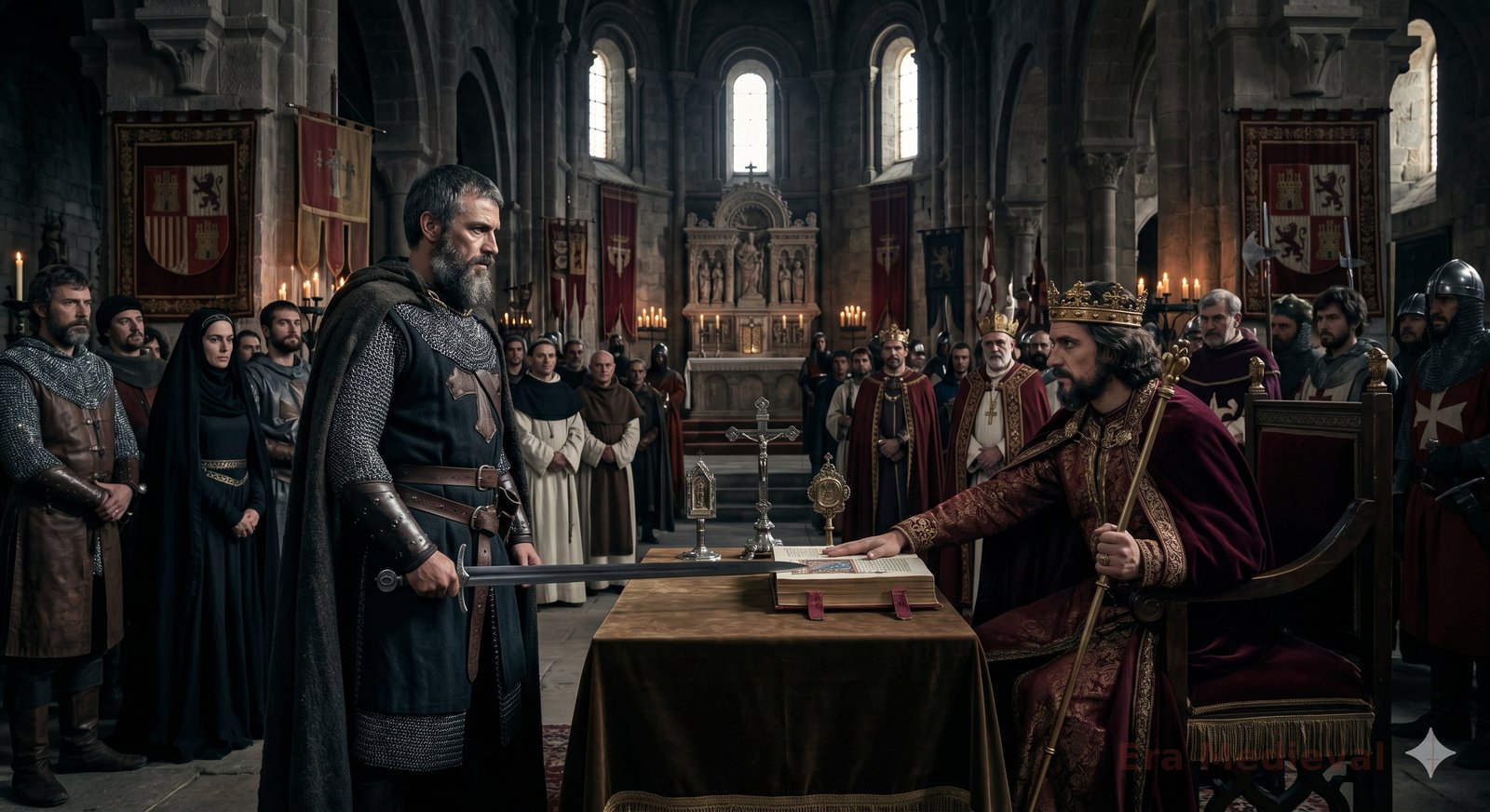 Recreación visual de la Jura de Santa Gadea: el Cid presenta la espada al rey Alfonso VI en la iglesia